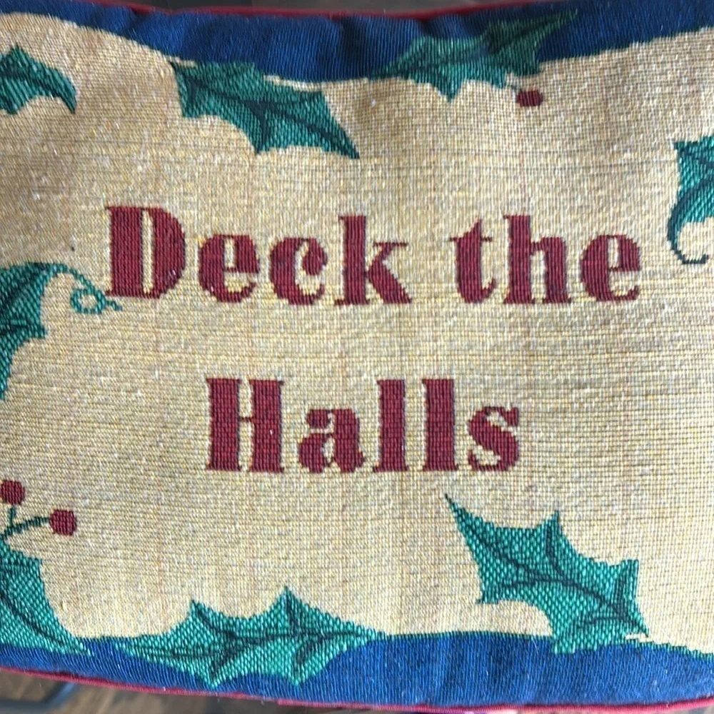 Festive Deck the Halls Holiday Pillow red and blue Christmas pillow rectangle